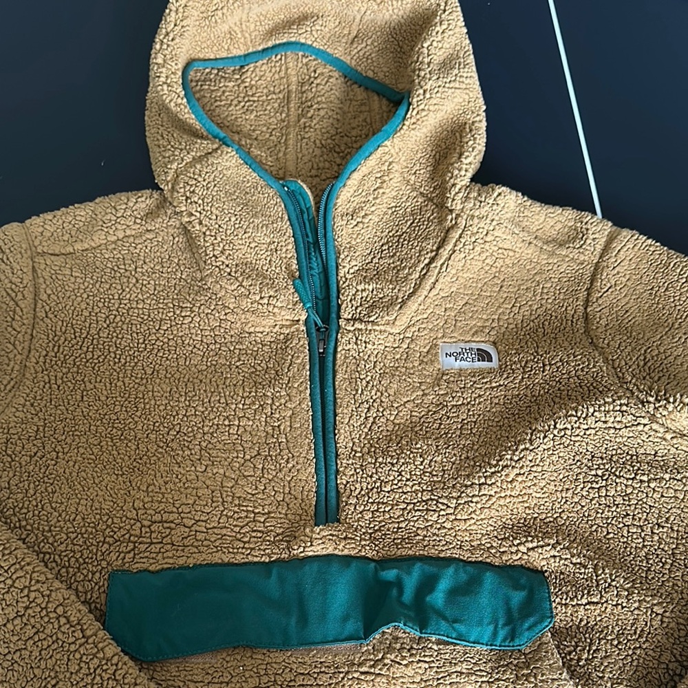 The North Face Beige and Teal Fleece Hoodie